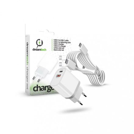 Dreamtech PD Charger Set USB-C+A 20W+QC3.0-s adapterrel és USB-C/USB-C kábellel FEHÉR