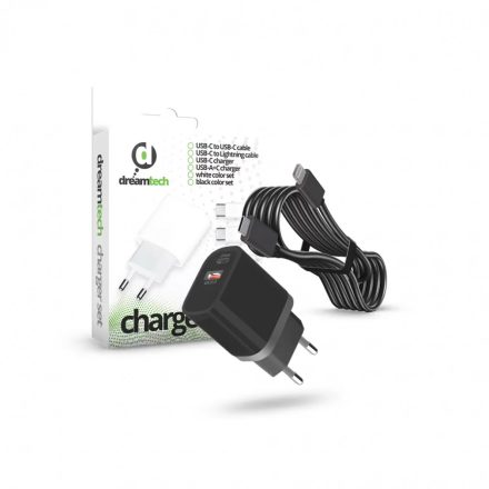 Dreamtech PD Charger Set USB-C+A 20W+QC3.0-s adapterrel és USB-C / Lightning kábellel FEKETE