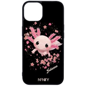 Névvel kérhető - Cuki Rózsaszín virágos Axolotl iPhone 13 tok