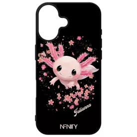 Névvel kérhető - Cuki Rózsaszín virágos Axolotl iPhone 16 tok