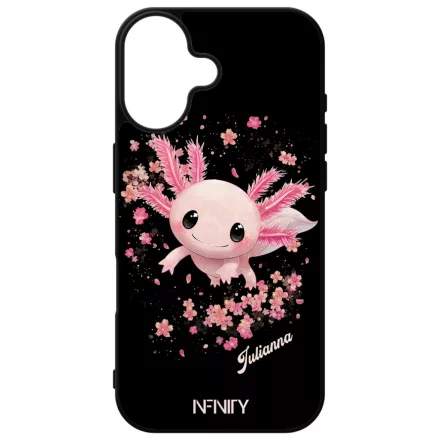 Névvel kérhető - Cuki Rózsaszín virágos Axolotl iPhone 16 tok