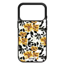 Fekete és aranysárga virágos iPhone 17 Pro Max tok