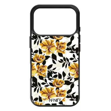 Fekete és aranysárga virágos iPhone 17 Pro Max tok