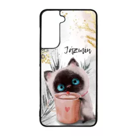 Kávézós cicus - Téli mintás Samsung Galaxy S21 FE tok