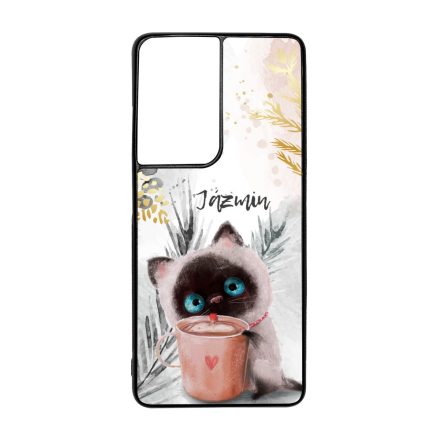 Kávézós cicus - Téli mintás Samsung Galaxy S21 Ultra tok